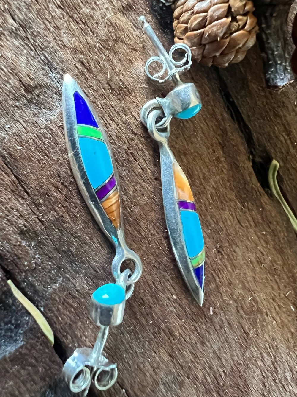 Zuni Navajo Blue Turquoise Earrings Inlay Lapis Coral Green Purple Minimalist